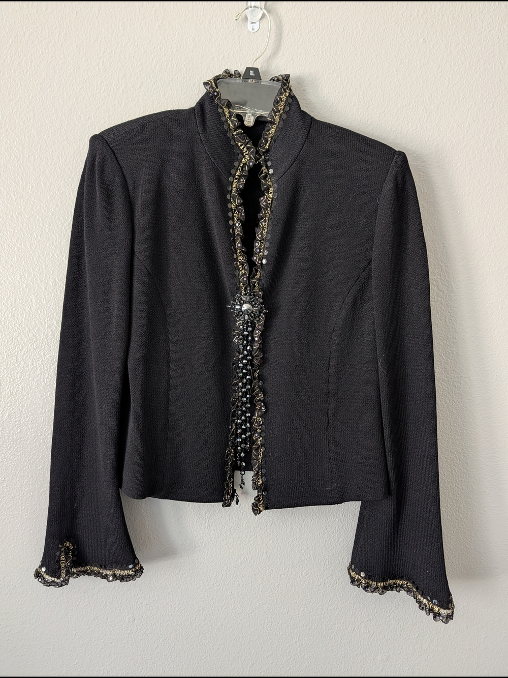 St. John Evening Knit Black And Gold Beaded Trim and Removable Brooch